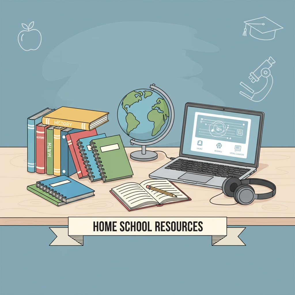 Academic resources for home school including books, notebooks, and a laptop