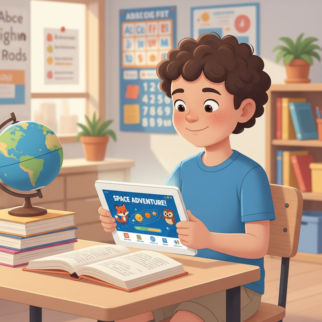 Student using a tablet for online learning in a home school setting