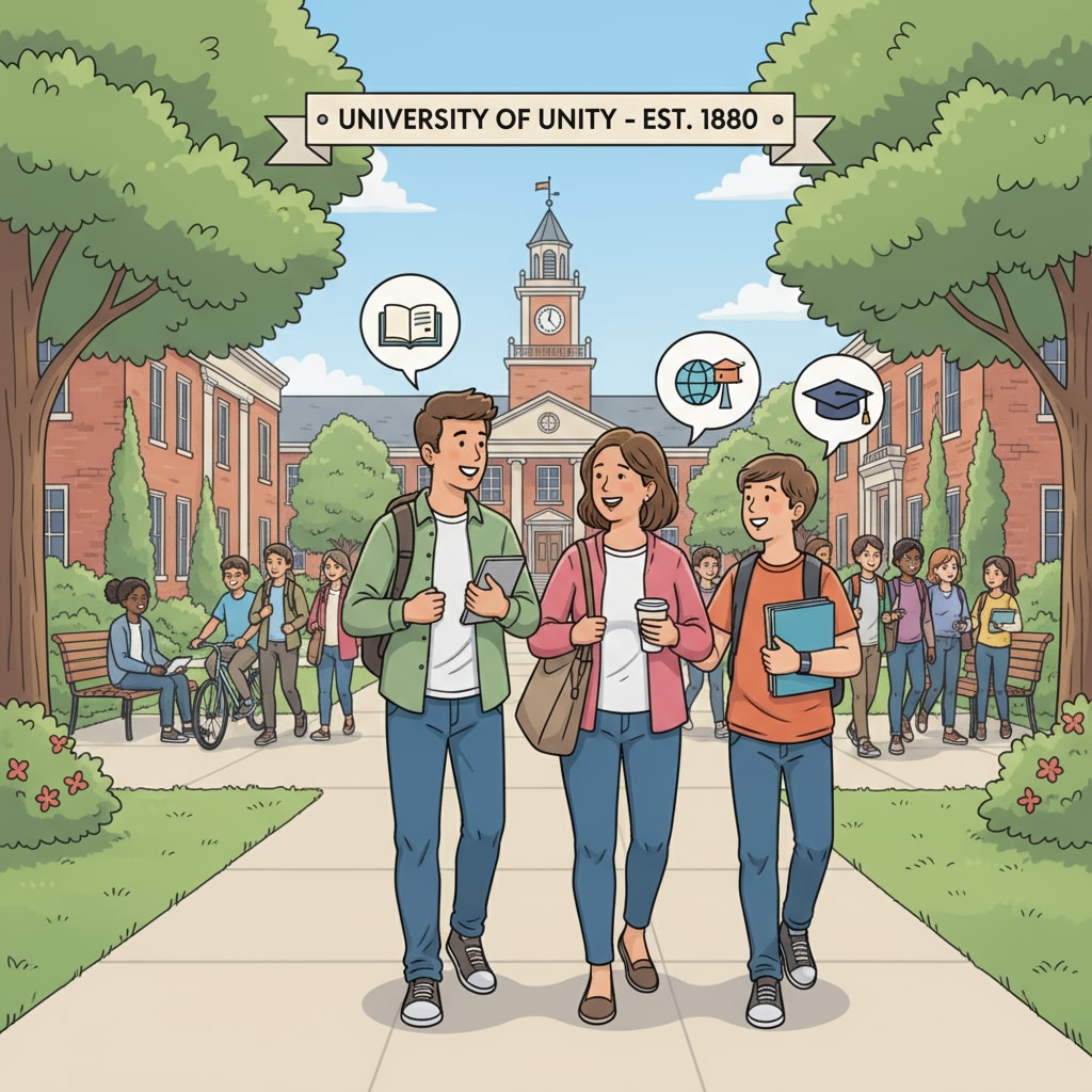 A diverse group of students including non-traditional students walking on a college campus, showing age diversity.