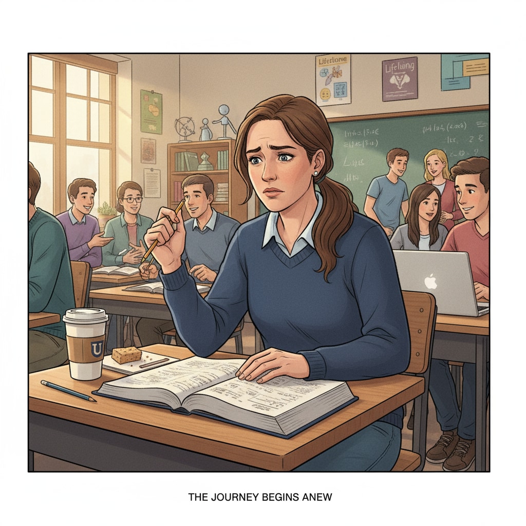 A non-traditional student sitting in a college classroom, showing signs of age anxiety.