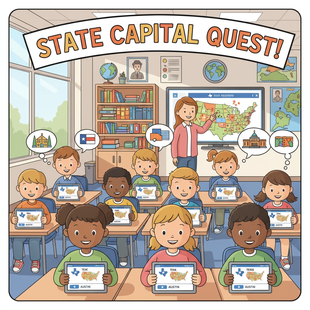 Students engaged in learning geography with state capital learning apps