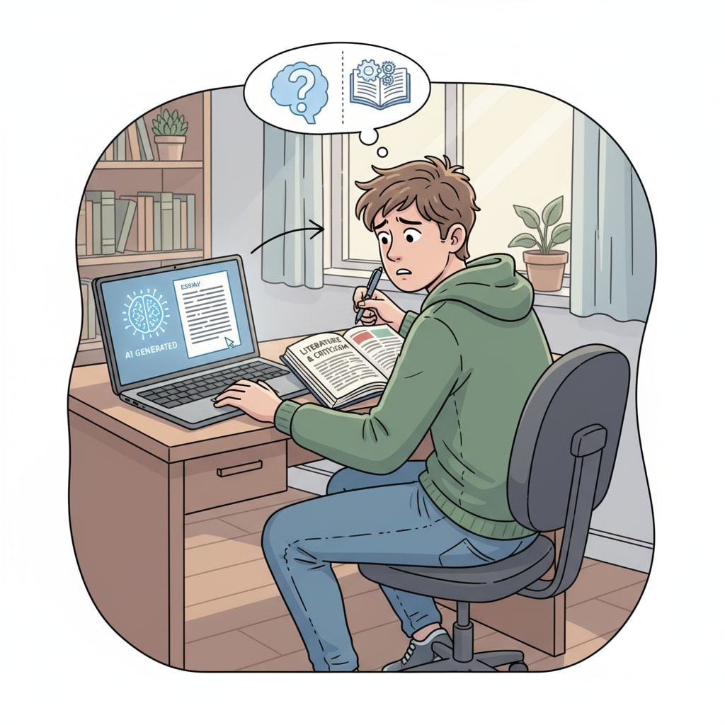 A portrayal of a student's dilemma regarding the use of AI in writing assignments, highlighting the issues of student writing, assignment authenticity, and educational objectives
