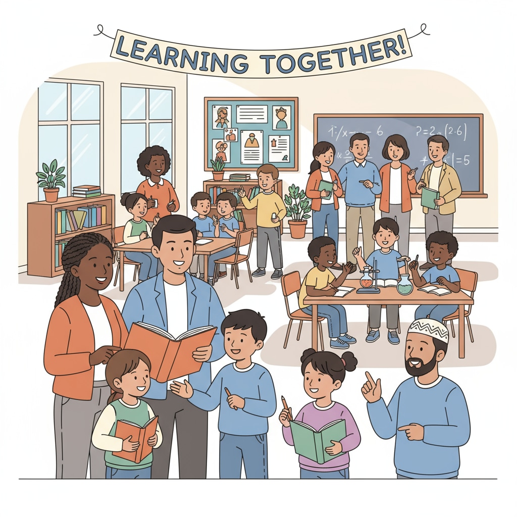 Non-white parents engaged in educational activities in a school environment related to curriculum and investment