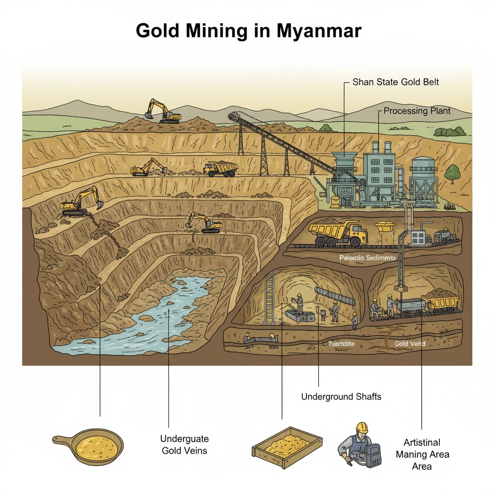 A gold mine in Myanmar highlighting its gold resources