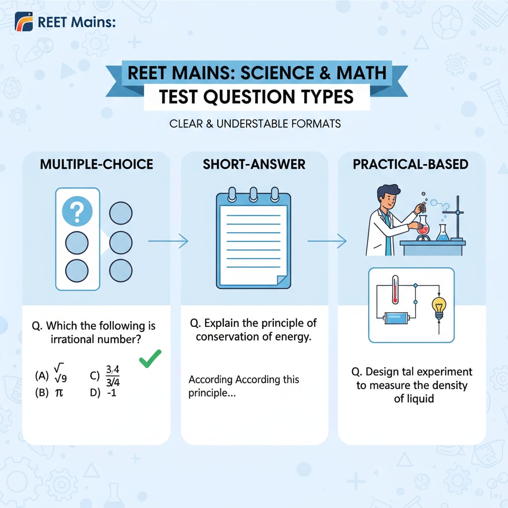 Illustration of different types of test questions for Reet Mains science and math