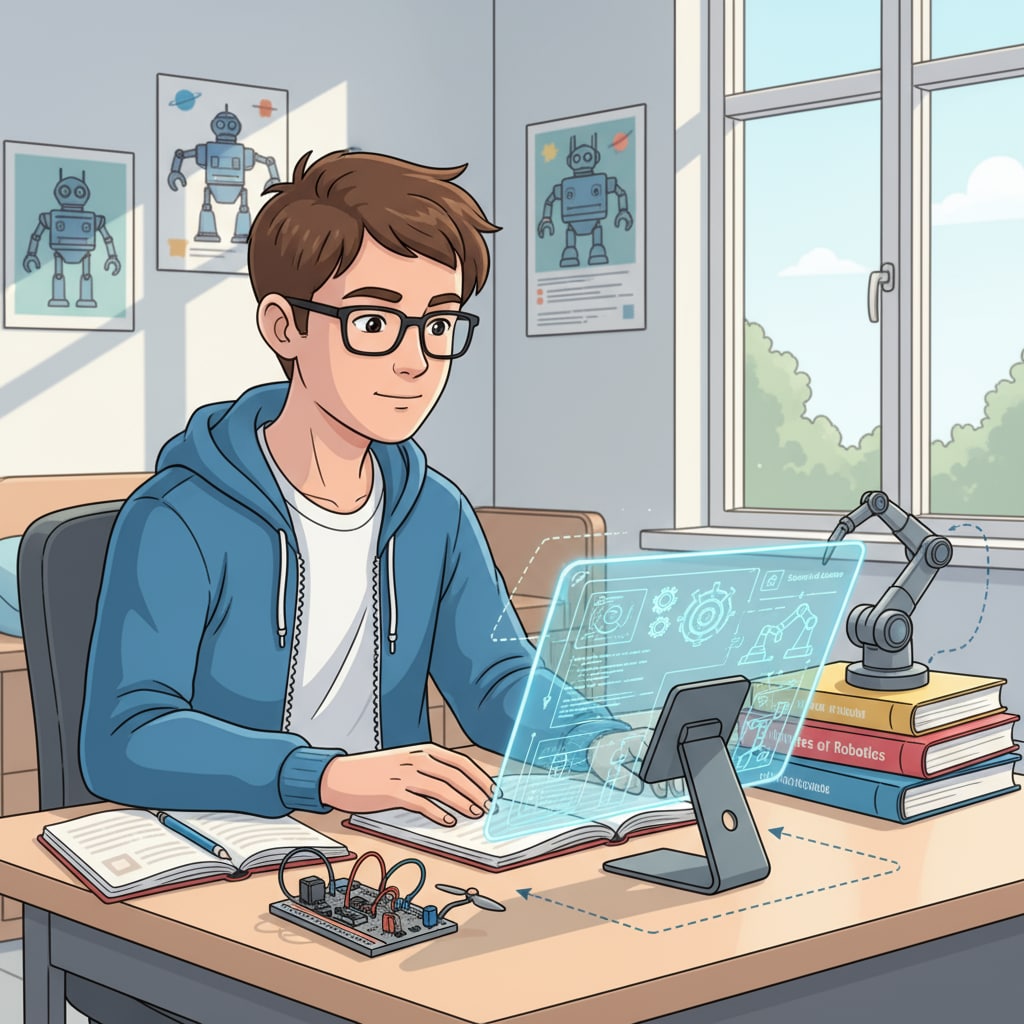 Student studying robotics online in the context of robotics, study abroad, and education planning