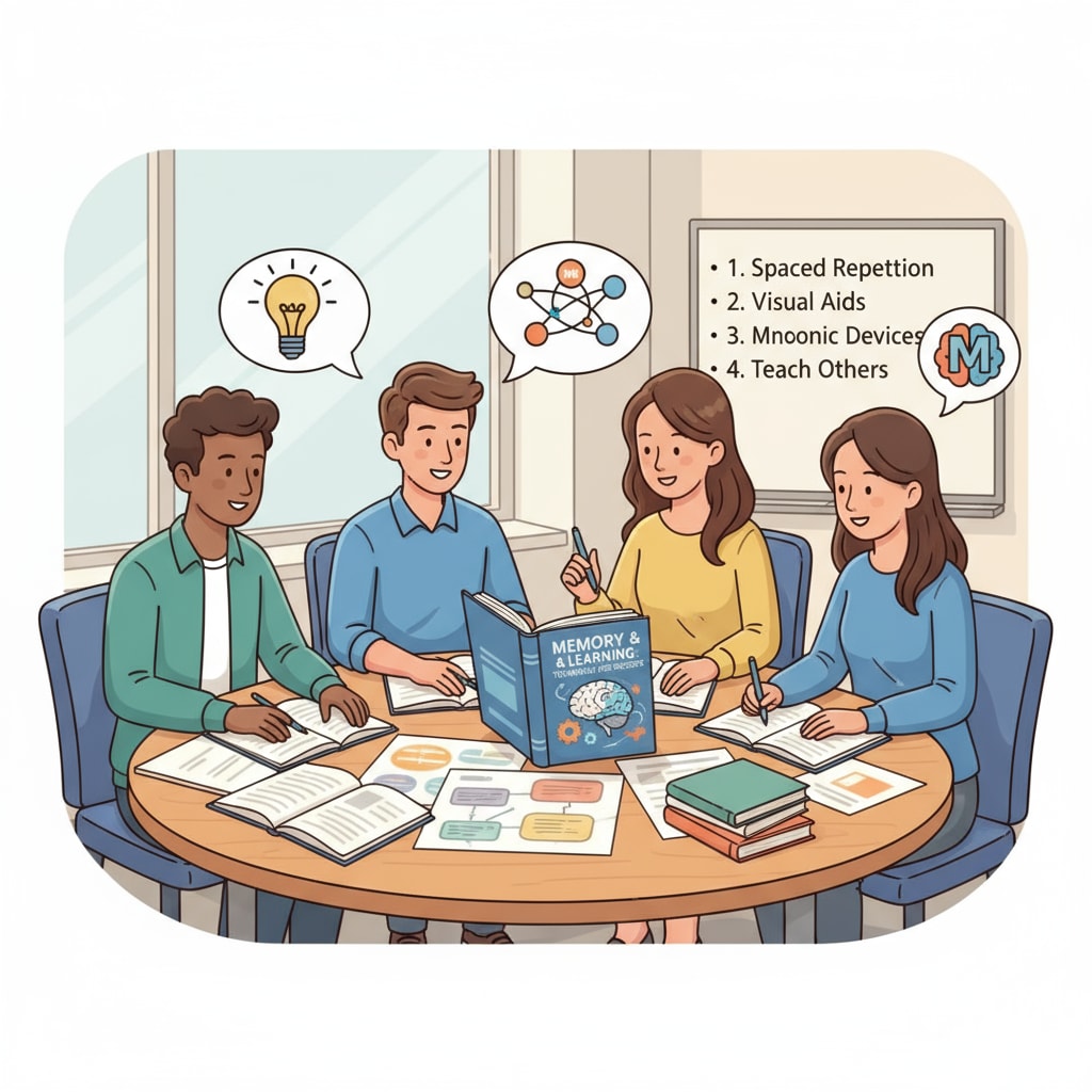 A group of students are sitting around a table, books open, and they are discussing and studying together, with a focus on how they can improve their memory during the learning process. Students engaged in memory - related learning activities in K12 education