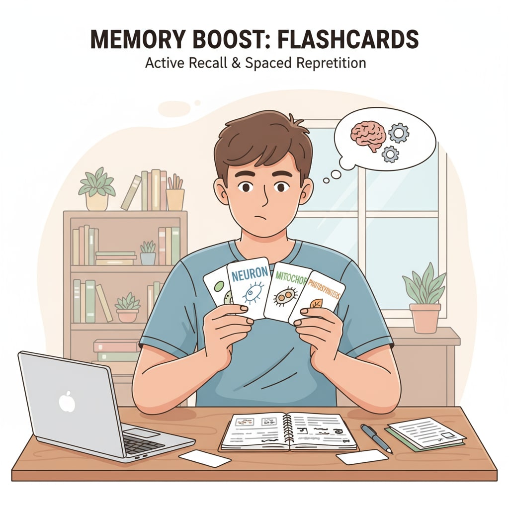 A student is sitting at a desk, holding a set of flashcards. The flashcards are labeled with various words and concepts, showing a common method used to enhance memory. A student using flashcards for memory enhancement in K12 education
