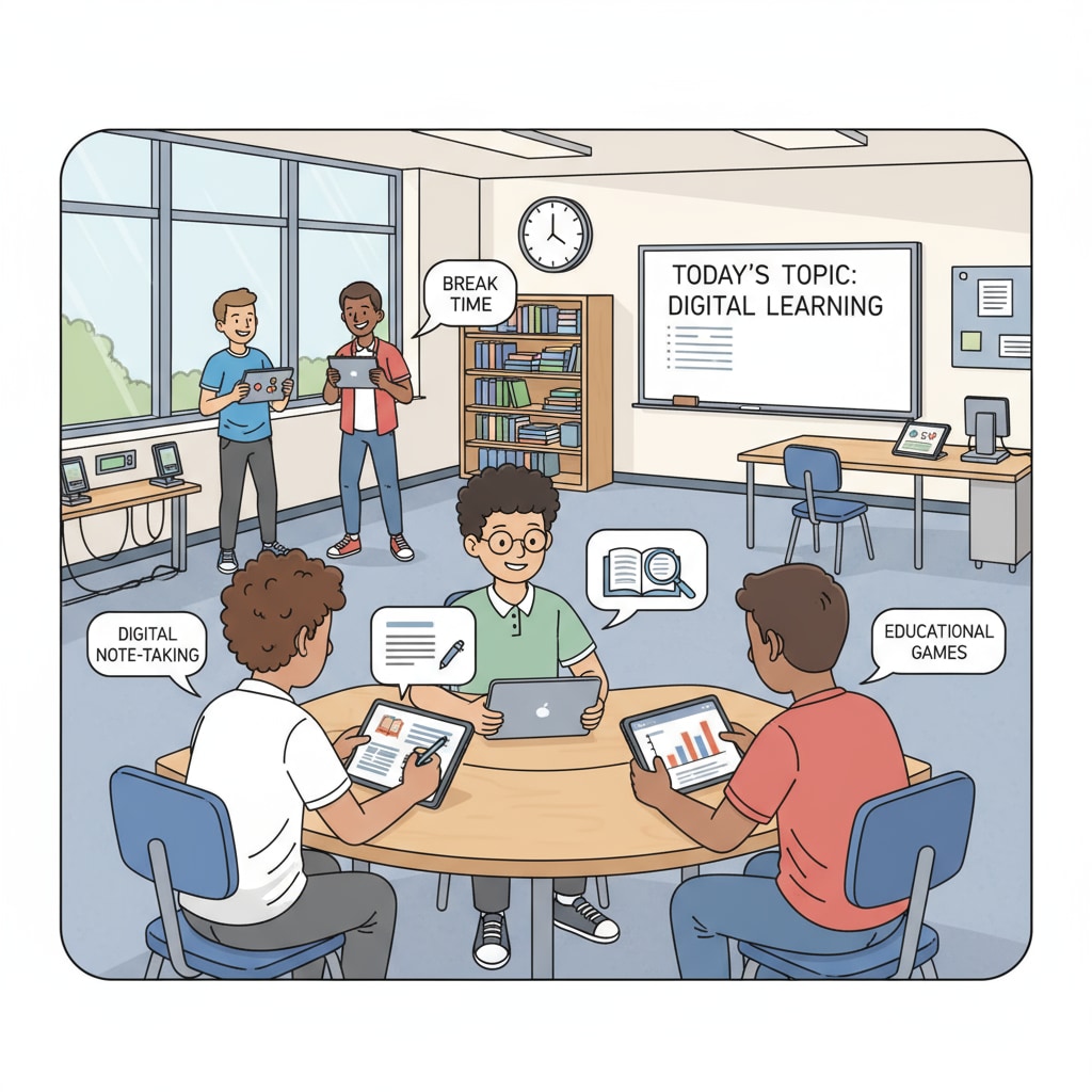 A group of high school students are shown using tablets in a classroom setting, some taking notes and others looking at e-books. During breaks, they are seen playing games on their tablets. High school students using tablets for learning and gaming