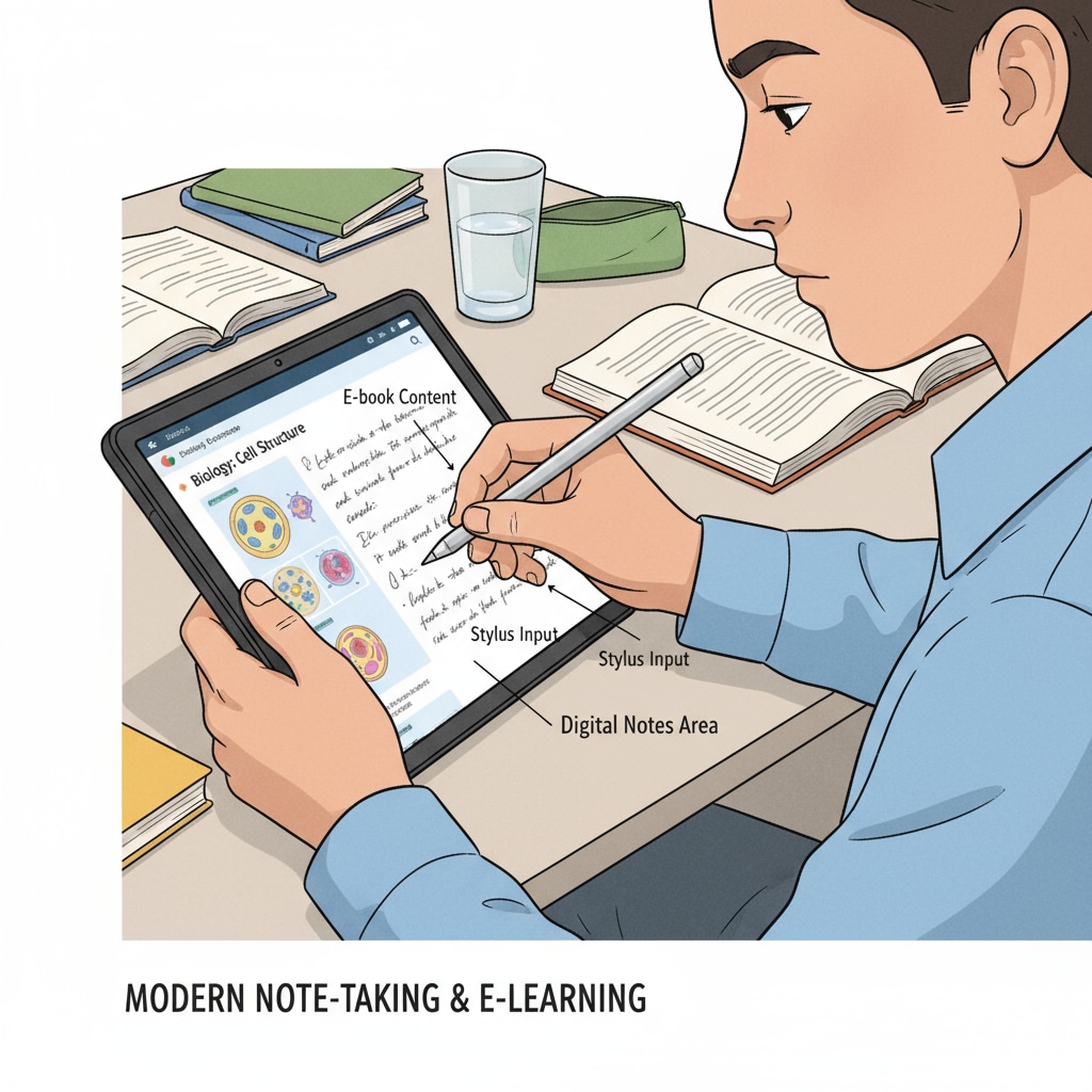 A close-up of a high school student using a tablet to write notes with a stylus and accessing an e-book simultaneously. High school student using tablet for note-taking and e-book access