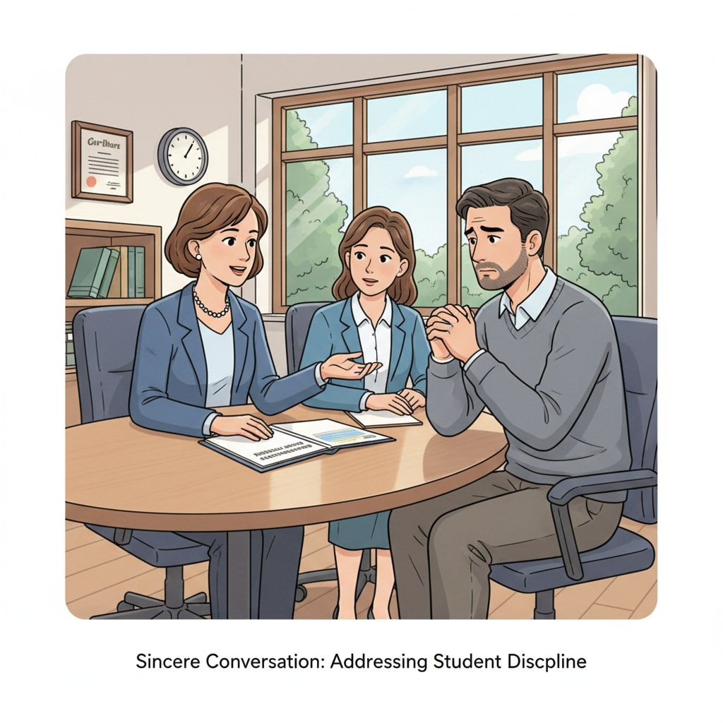 Parent and school administrator discussing school discipline, parental demands, and restorative measures