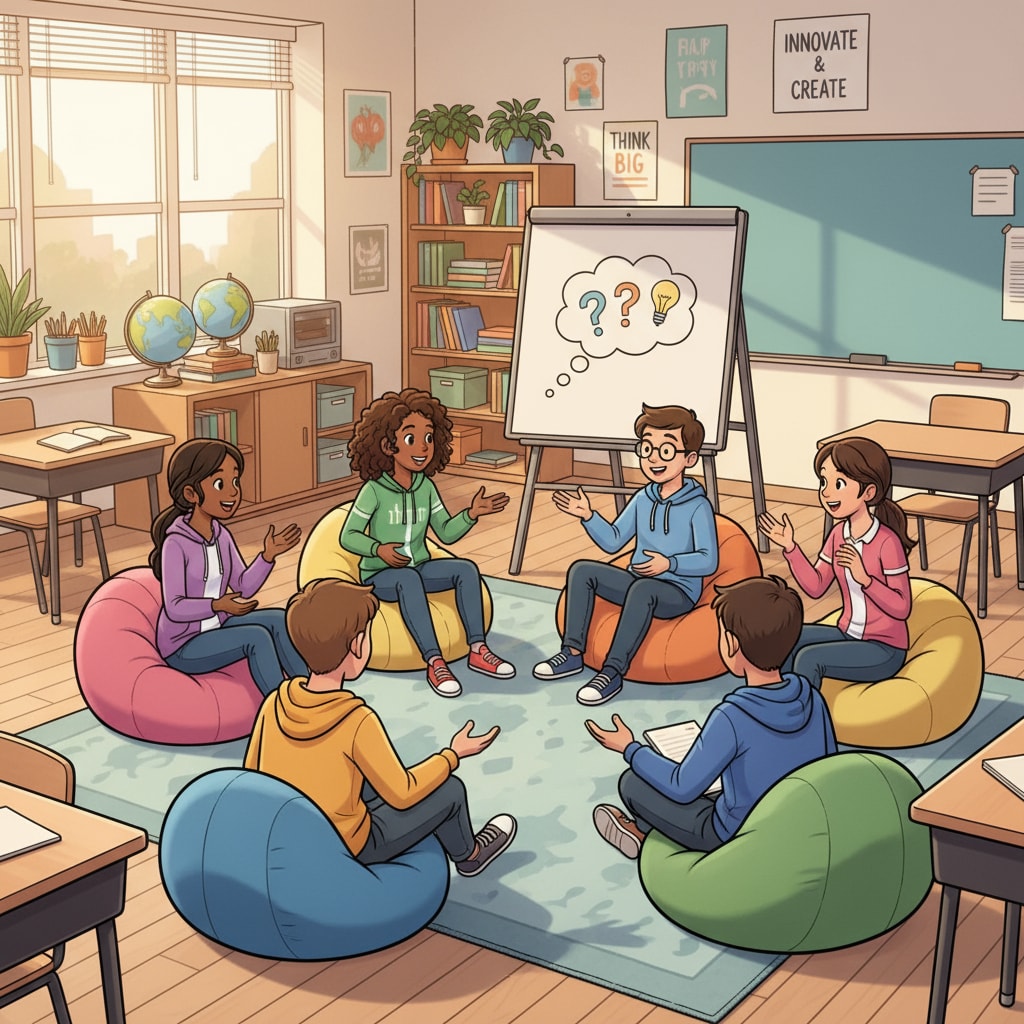 Classroom scene in the US related to education systems, free thinking, and learning pressure