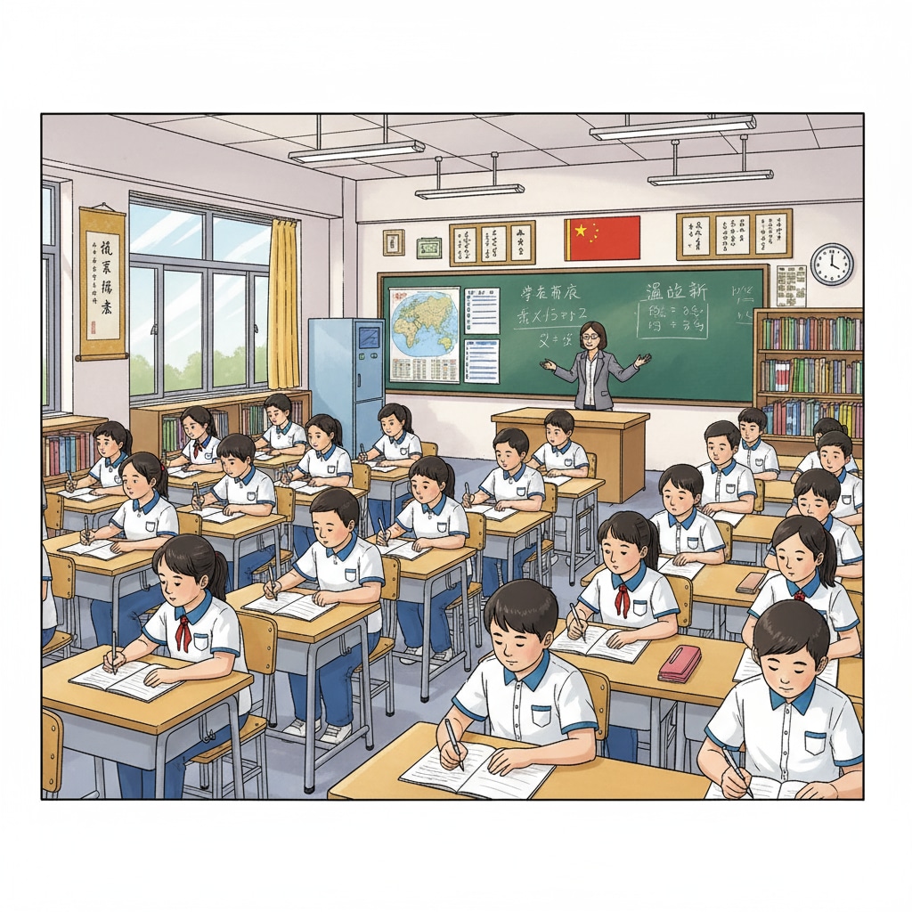Chinese classroom scene related to education systems, free thinking, and learning pressure