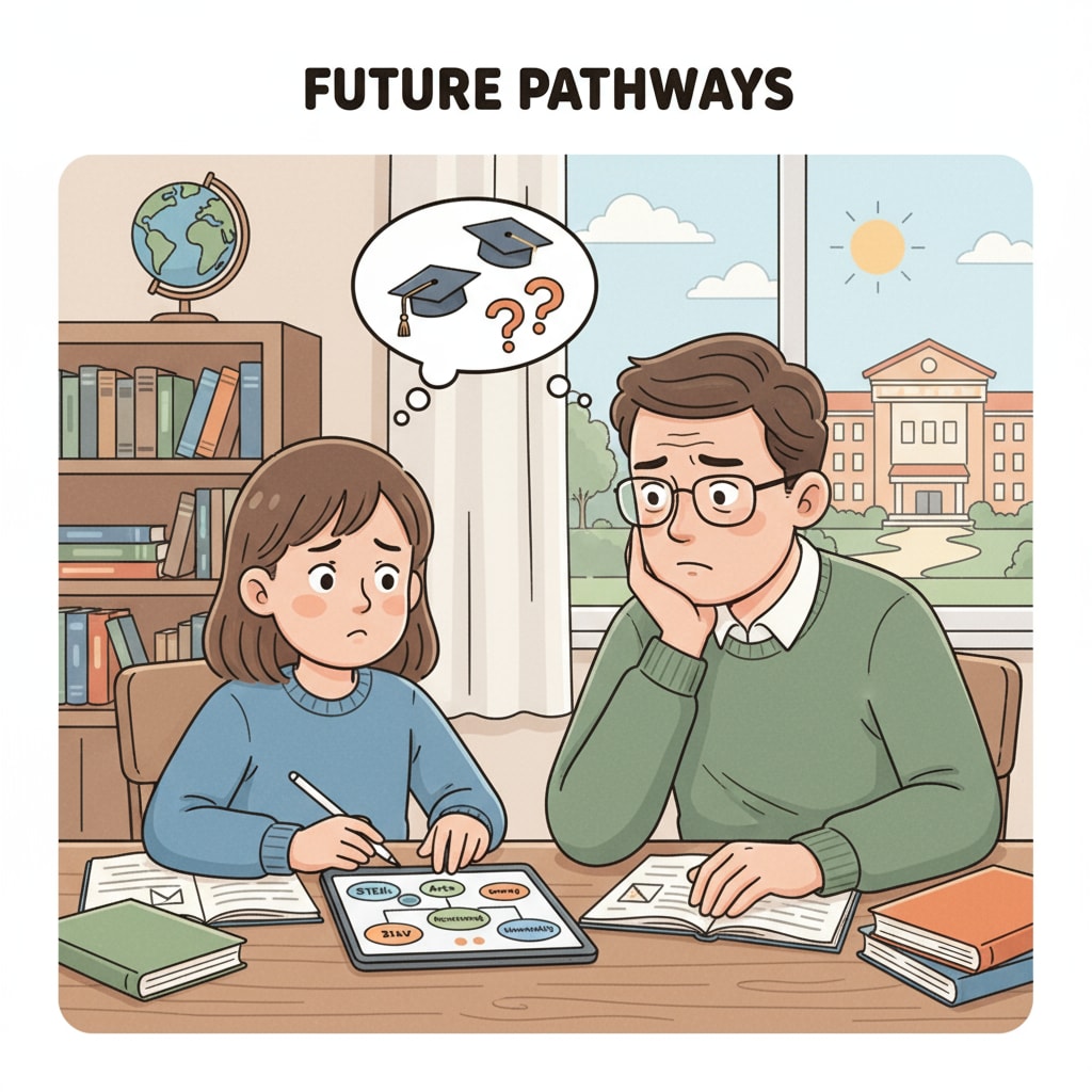 A parent - child conversation regarding educational choices due to political interests, parental opposition, and education funding