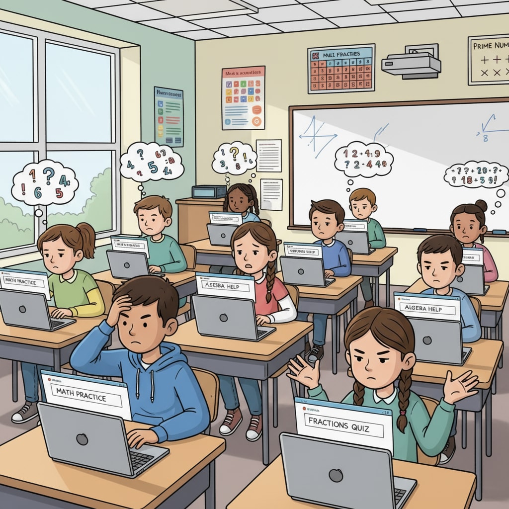 Students using Chromebooks in a classroom, struggling with digital math practice materials