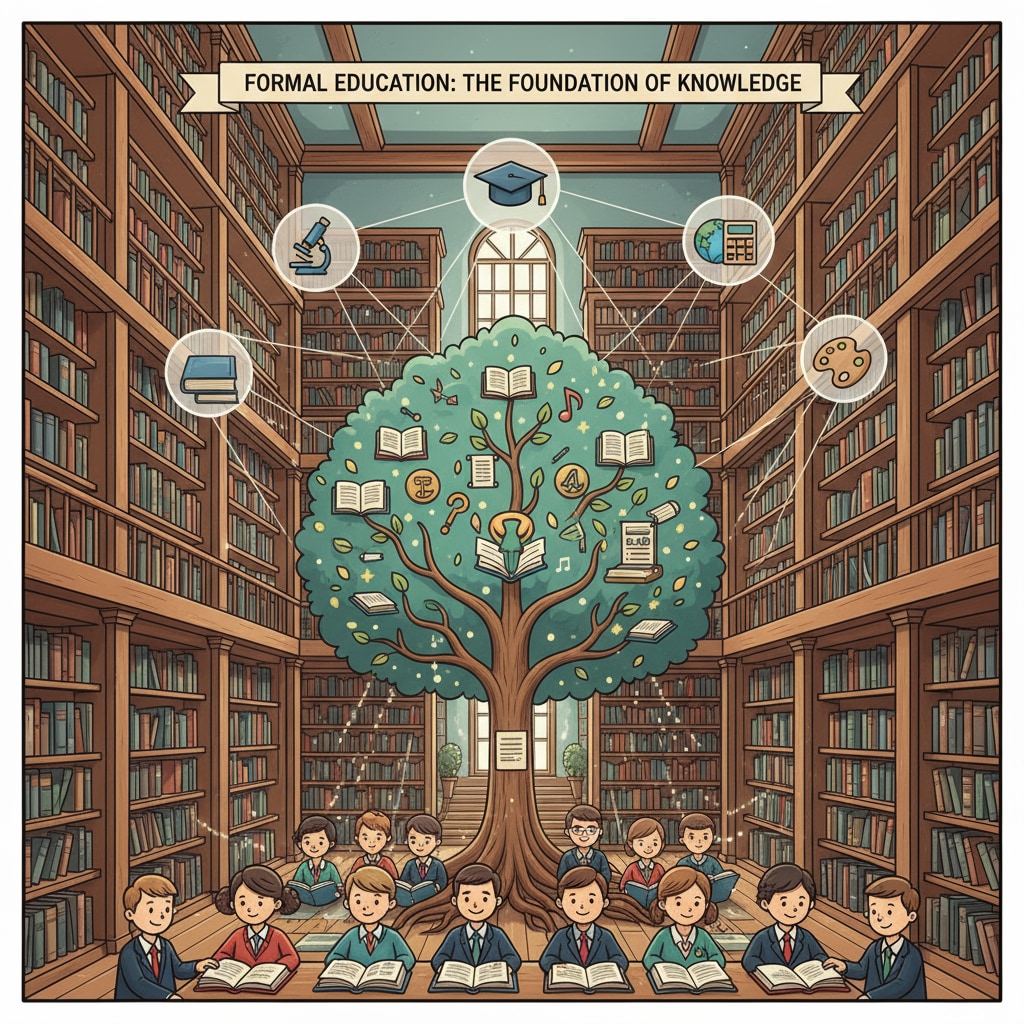 A library full of books, representing the knowledge base of formal education related to lifelong learning and cultural awareness