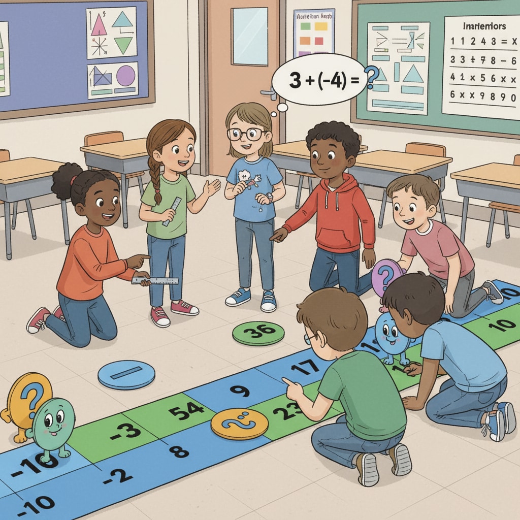 Fourth graders playing a math game related to negative numbers, showcasing their mathematical understanding ability
