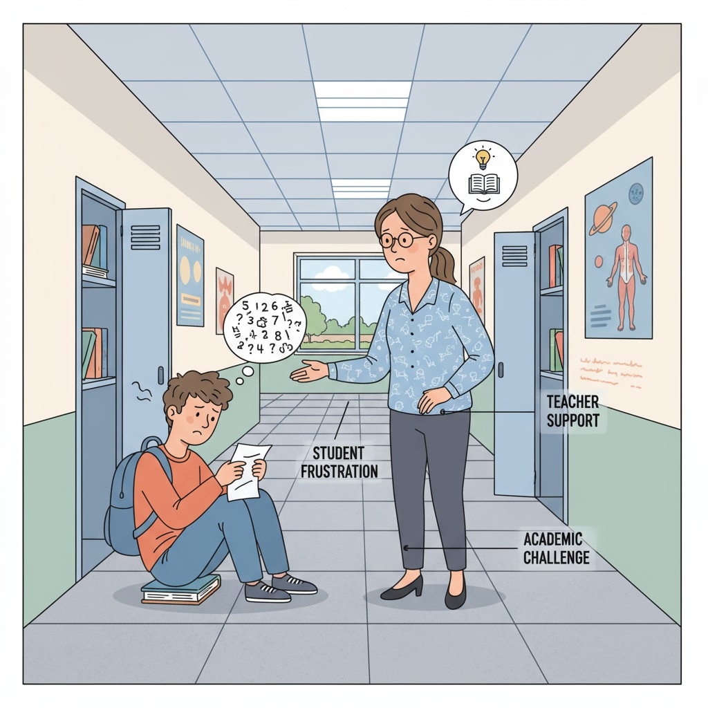 Frustrated student and concerned teacher in a school corridor in the context of compulsory education