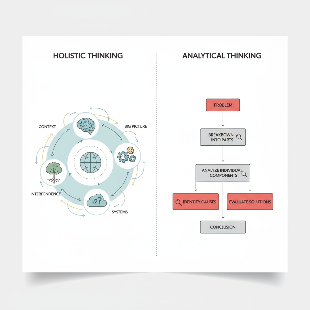 Graphic depicting the contrast between holistic and analytical thinking patterns related to 