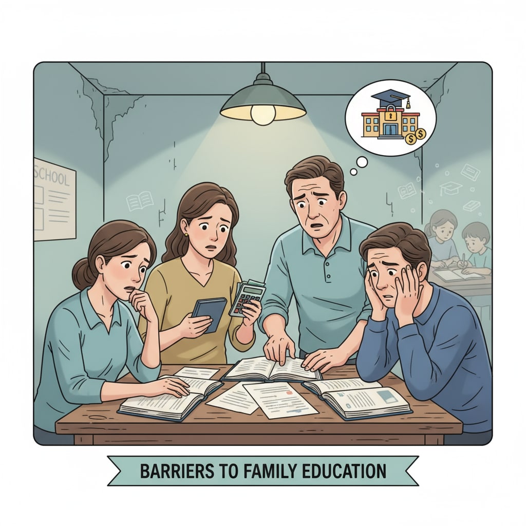 A group of low-income family parents looking worried about their children's education, showing the concerns they have in family education. Low-income family parents worried about family education and parental involvement