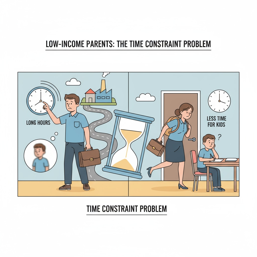 Low-income parents working long hours and having less time for children, depicting the time constraint problem they face. Low-income parents facing time constraint in parental involvement for family education