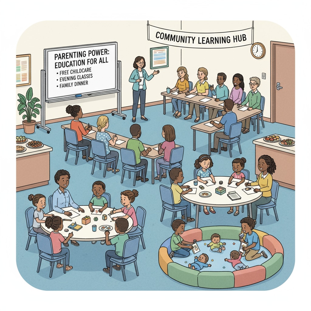 Community center providing educational workshops for low-income family parents, demonstrating a solution to enhance parental involvement in family education. Community support for low-income family parents in family education and parental involvement