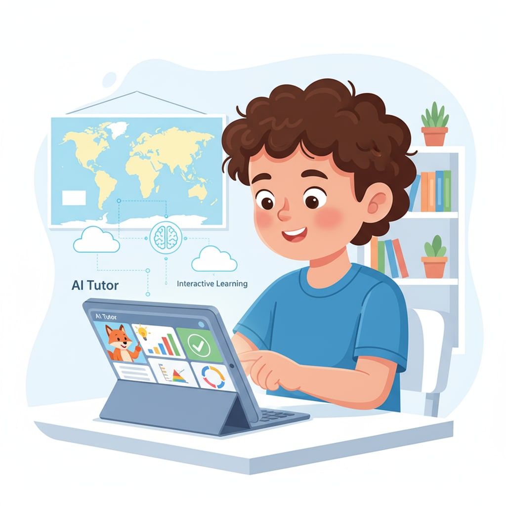 A child is interacting with an AI - based learning device, which could be a tablet with educational apps powered by AI. The child looks engaged, and the device is showing educational content. A child using an AI - powered learning device in the context of artificial intelligence in education, Derek Li's vision, and machine learning