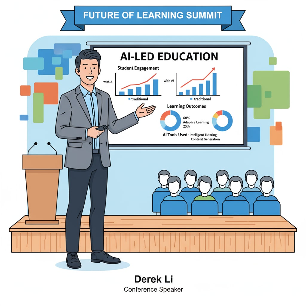 Derek Li is standing on a stage at a conference, presenting his ideas about AI - led education. He has a presentation screen behind him with graphs and charts related to AI in education. Derek Li presenting his concepts of AI - led education in the field of artificial intelligence in education, his vision, and machine learning