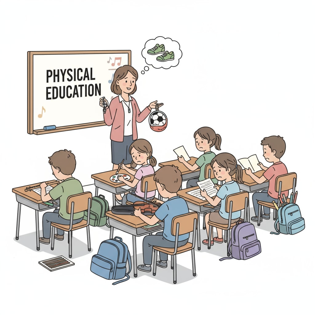 Students in a classroom being informed of the substitution of a special subject class with a physical education class, highlighting the issues of special courses, teacher substitution, physical education courses, and curriculum value