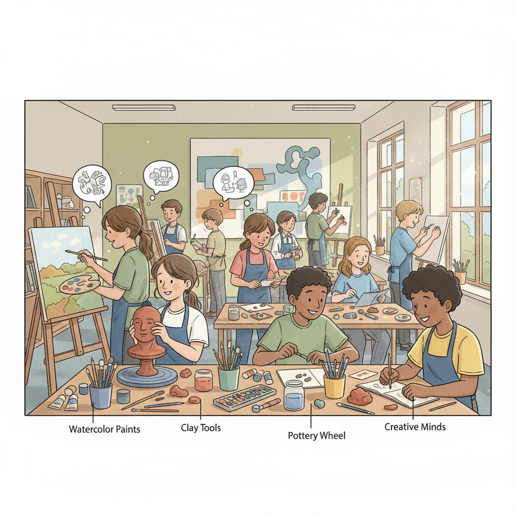 Students engaged in an art class, demonstrating the value of special subjects and how their substitution affects the issues of special courses, teacher substitution, physical education courses, and curriculum value