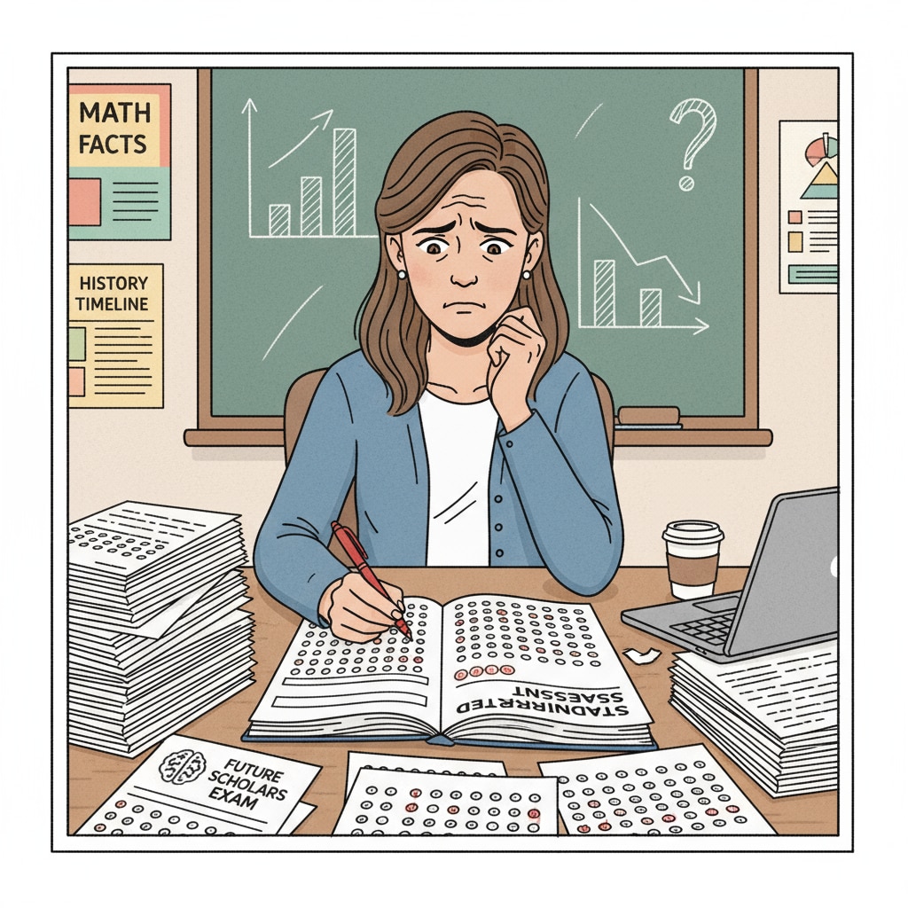 A teacher showing concern while dealing with standardized assessments related to K12 education micro - management.