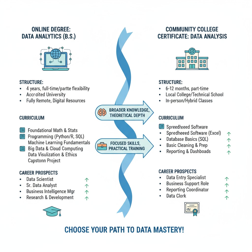 Comparison of online degree and community college certificate in data analysis for tuition, courses, and career choices