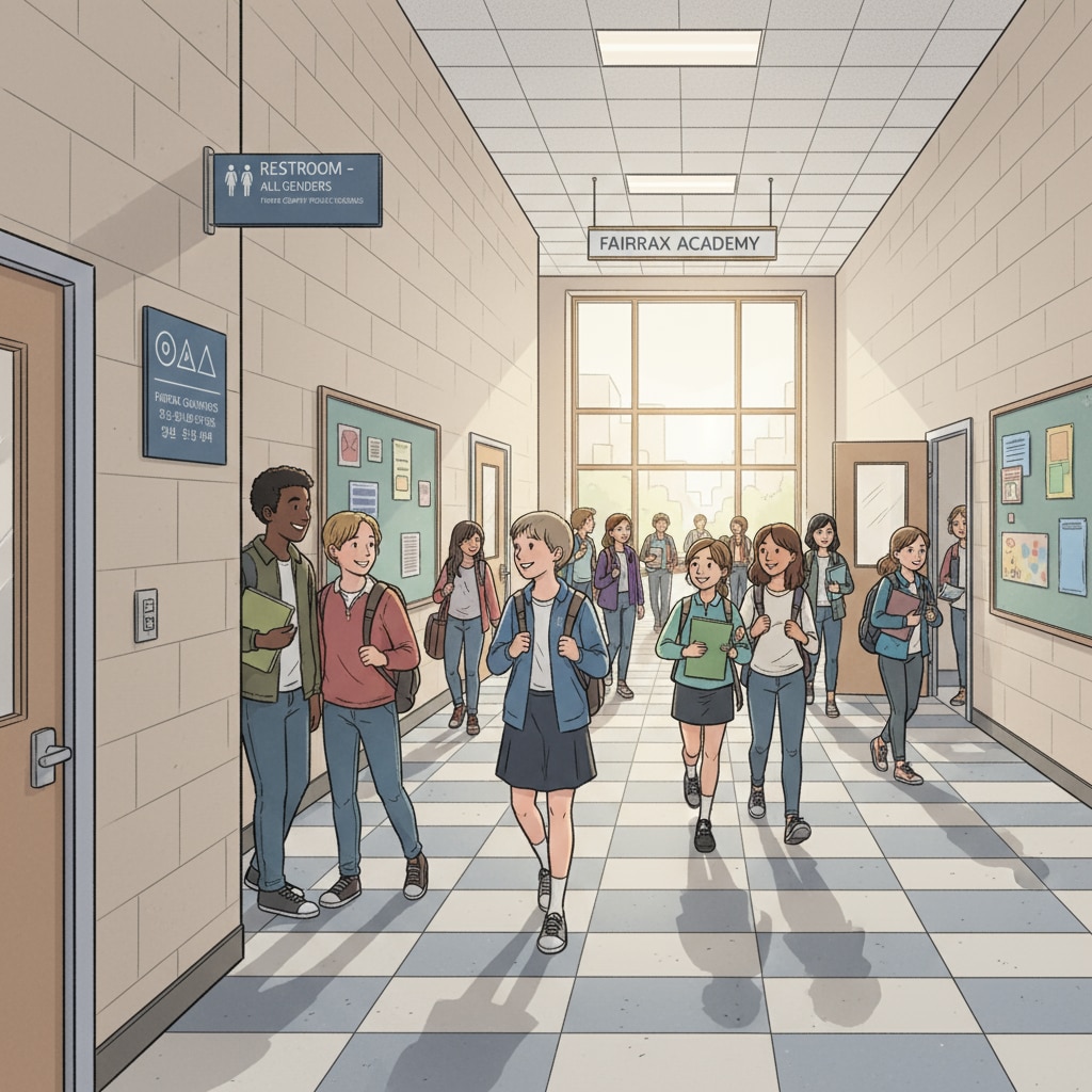 Students in Fairfax County school corridor related to gender bathroom policy review