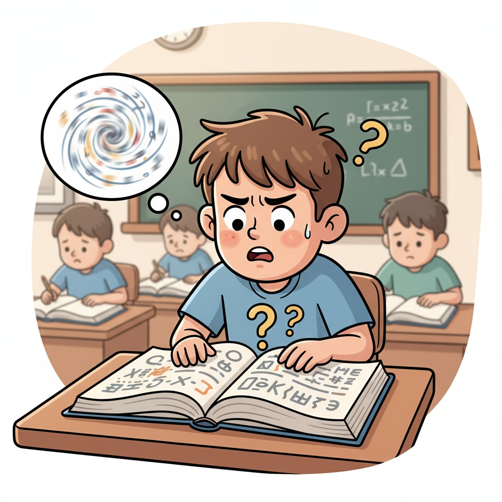 A student with learning disabilities facing difficulties while reading a textbook, showing signs of mental exhaustion and potential self-loathing