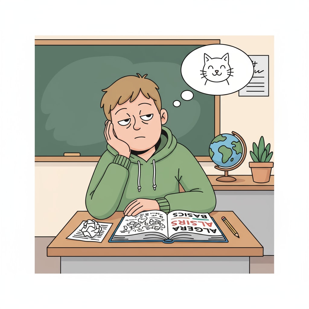 A student demonstrating lack of focus which is related to deep thinking and sleep quality problems.