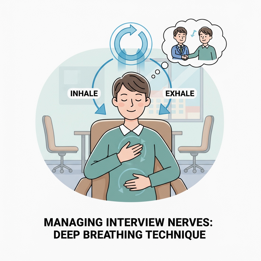 A person using deep breathing to enhance communication skills during short-term preparation for a teacher interview
