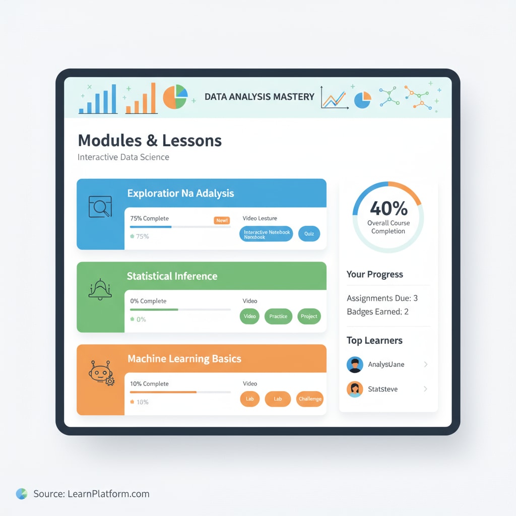 Screenshot of an online platform offering free data analysis learning resources