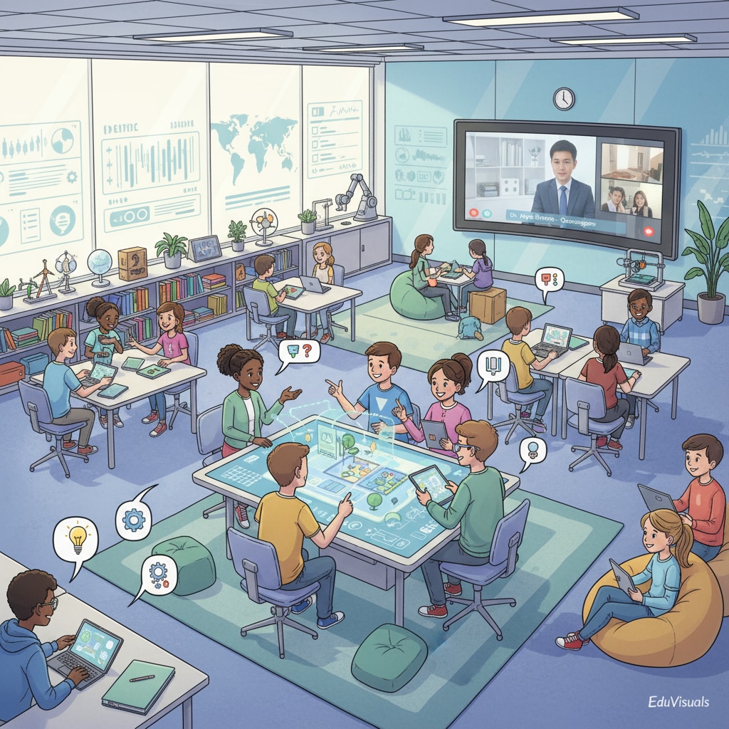 Students in a modern charter school classroom engaged in group activities, relevant to school district, public school, charter school, school building reuse.