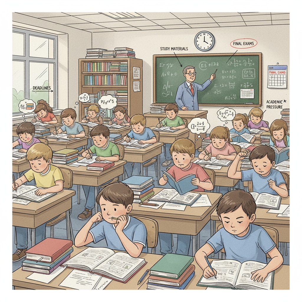 A classroom scene depicting educational pressure related to educational purpose, social pressure, and conformity psychology