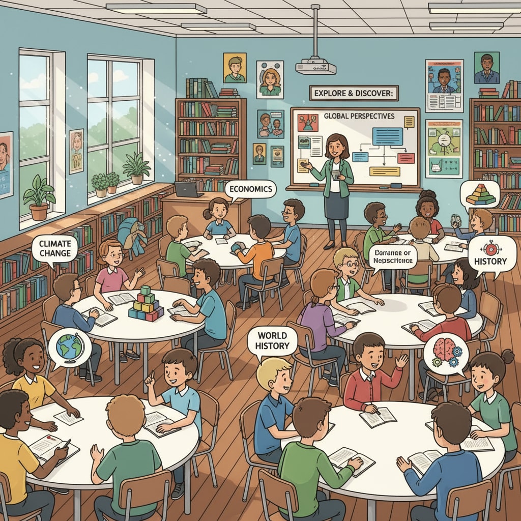 A diverse group of students in a school environment exploring different ideas, related to family education, bias transmission, and school education.