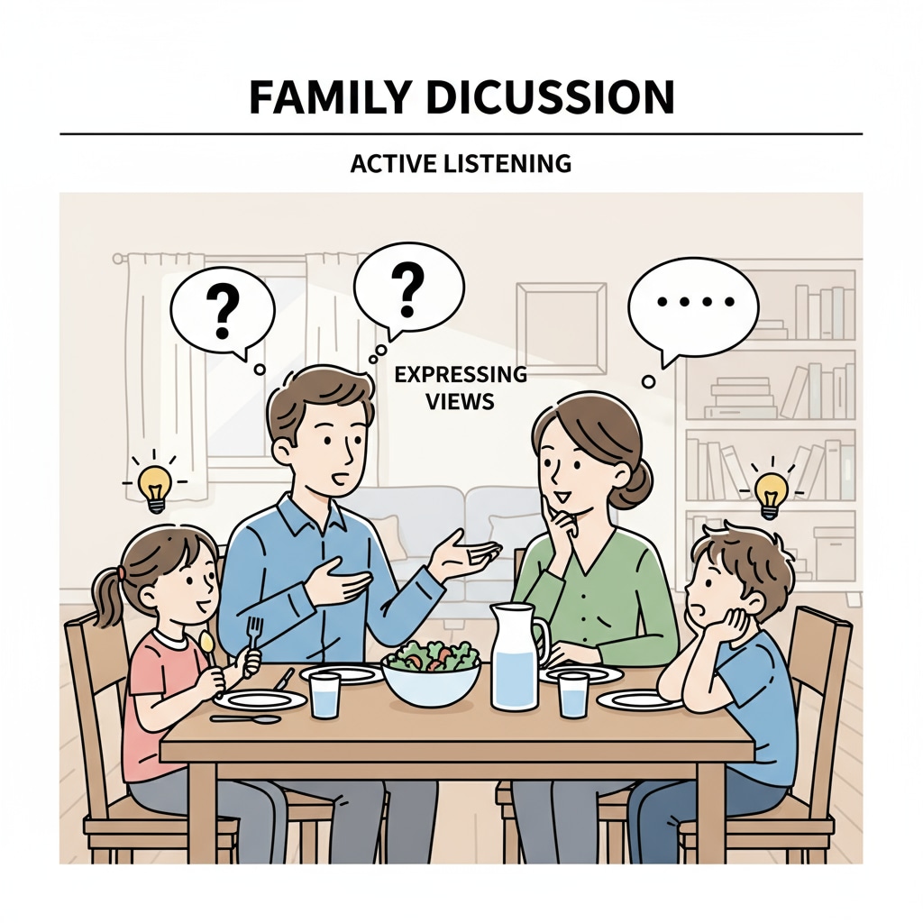 A family scene where parents' views may influence children, highlighting family education, bias transmission, and school education.