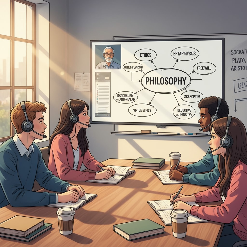 Students learning political science, philosophy, religion, and Islamic thought in an online class