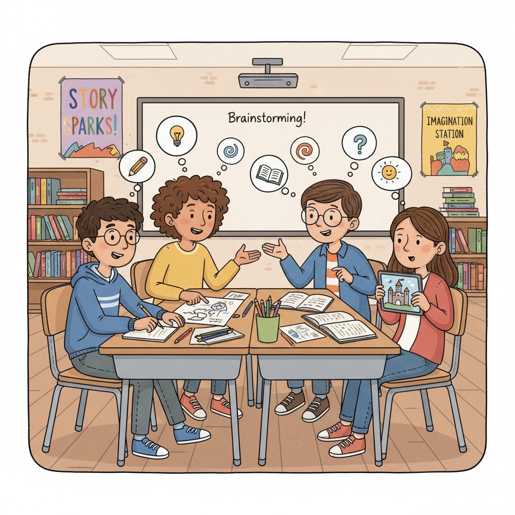 K12 students brainstorming in creative writing class for future master's creative writing