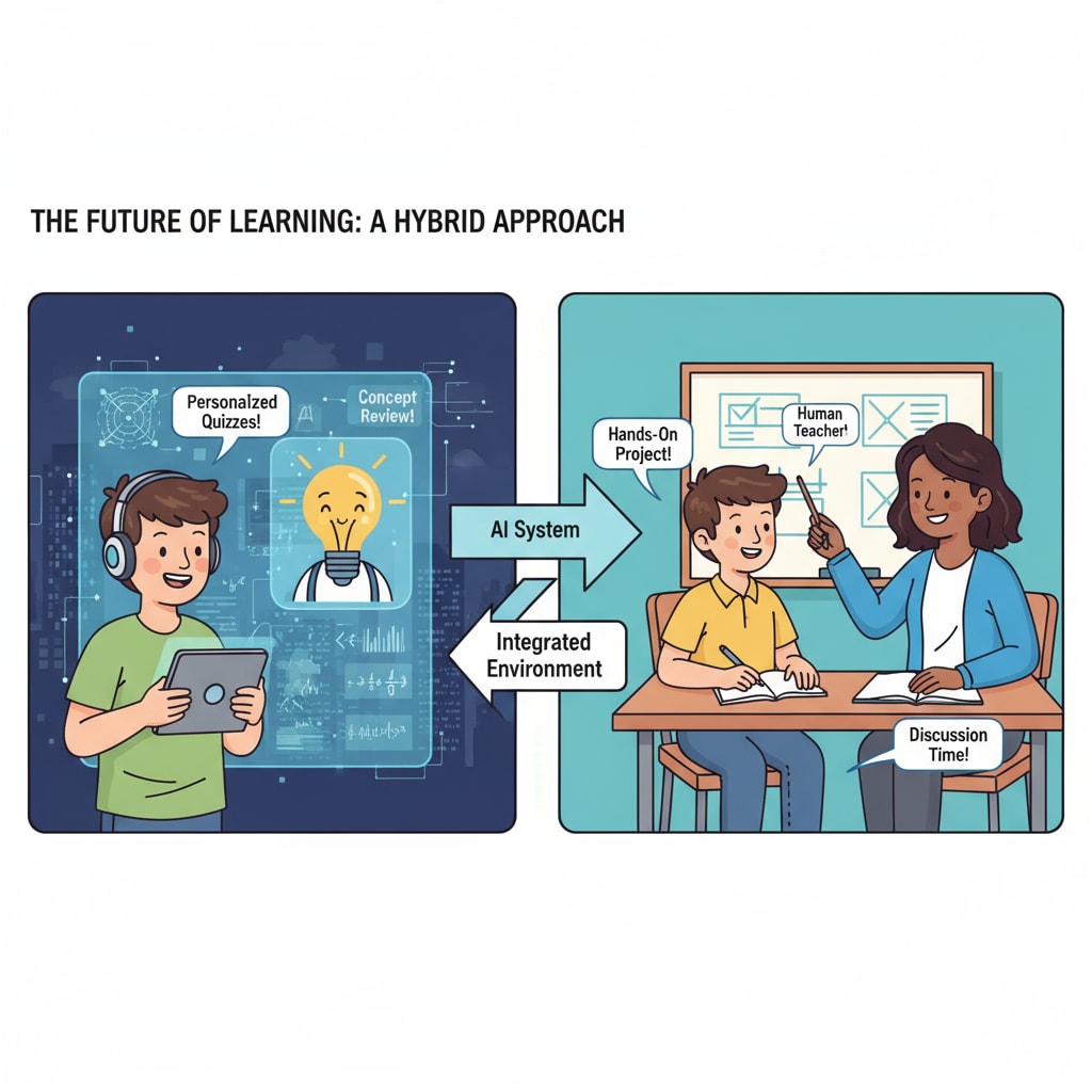 An illustration depicting the interaction between a student, an AI educational system, and a human teacher in the context of AI therapy and human therapy research