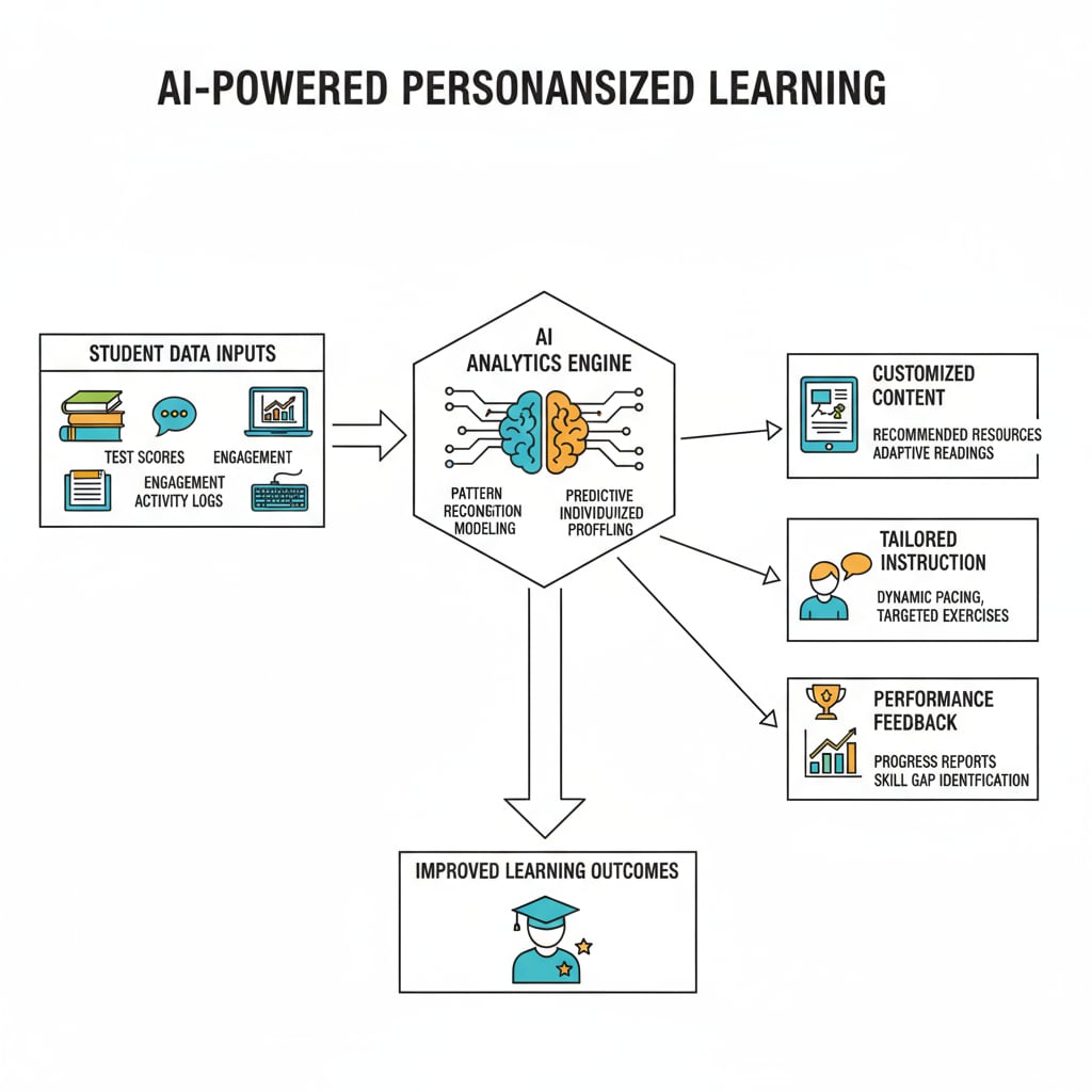 A diagram showing the process of AI analyzing student data for personalized learning in the research of AI therapy and human therapy