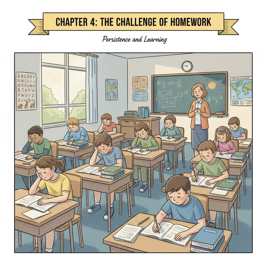 Students showing signs of fatigue while doing homework, highlighting the negative impact on learning motivation and self-responsibility.