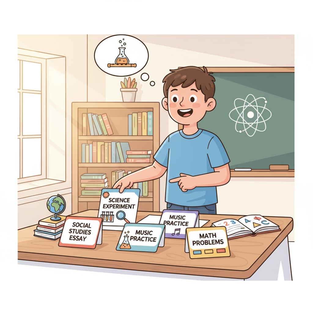 A student autonomously choosing homework, demonstrating the positive effect on learning motivation and self-responsibility.