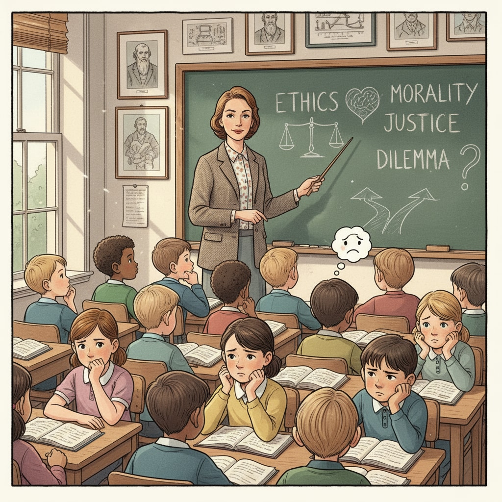 Teacher addressing students on moral issues related to moral relativism, common values, and social differentiation