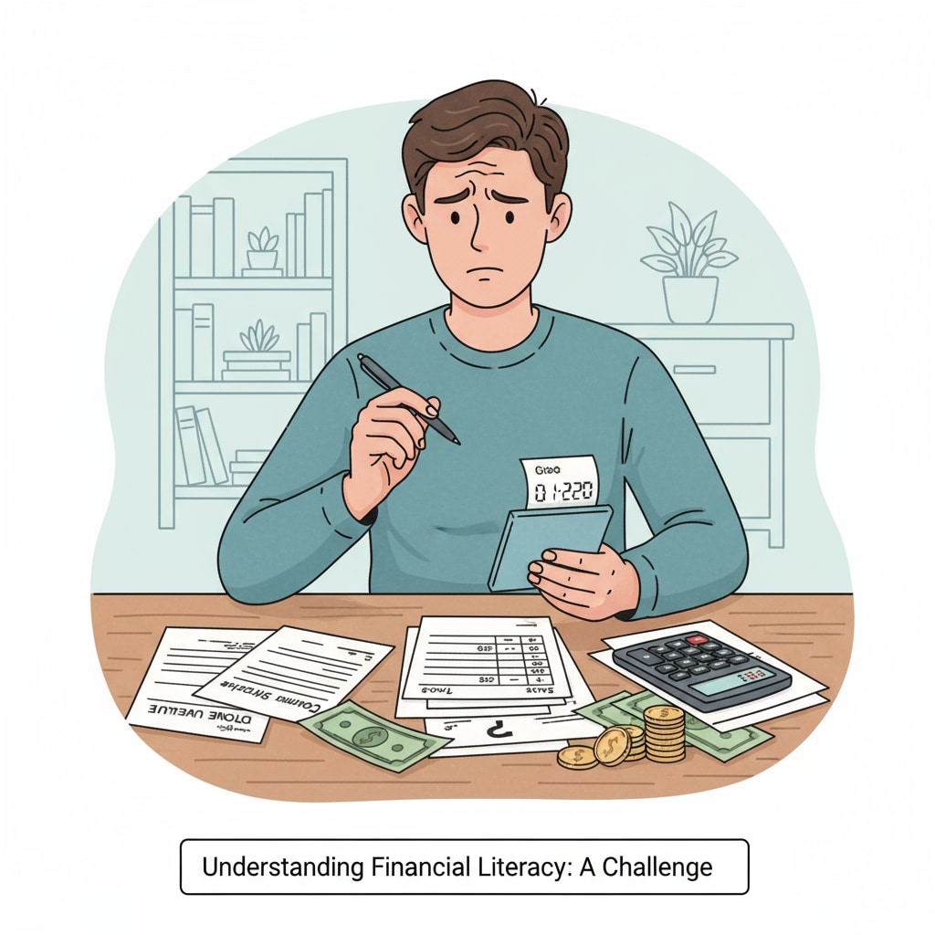 A young person struggling with financial tasks related to school education, practical skills, and life abilities