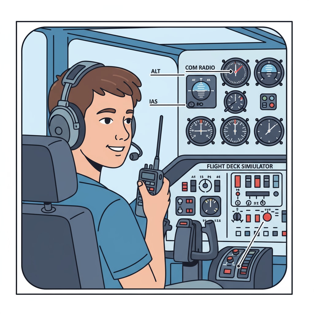 Student practicing radio communication in a simulated aviation environment, related to pilot skills, decision - making abilities, and situational awareness